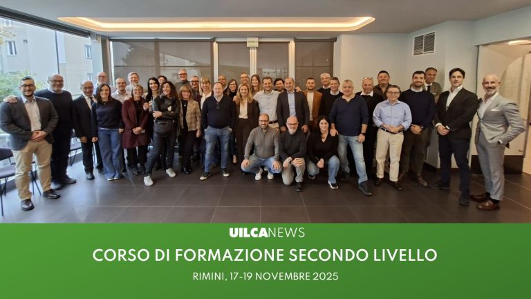 Foto di gruppo dei partecipanti al corso di formazione Uilca di ​secondo livello con il segretario generale Fulvio Furlan e il segretario nazionale Massimiliano Pagani